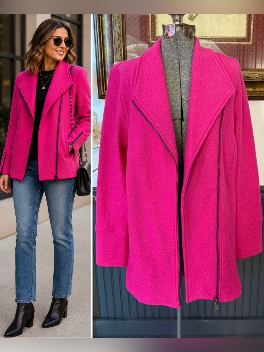 Nicole Miller Barbie Pink Wool Blend Moto Coat Asymmetrical Zip Cuffs Sz M🧡🍄